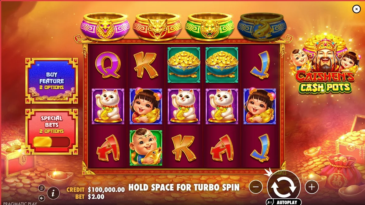 Tampilan visual slot Caishen’s Cash Pots dengan nuansa emas dan merah yang meriah.