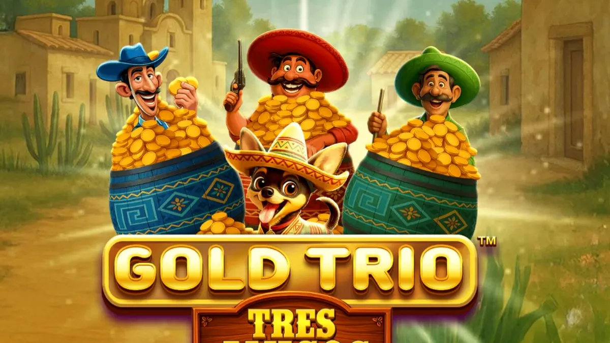 Tampilan visual slot Gold Trio: Tres Amigos dengan tema fiesta Meksiko yang meriah.